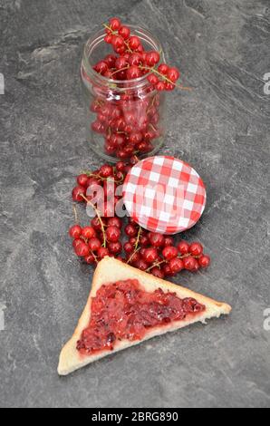 Rote Johannisbeeren Ribes rubrum in Jam-Glas-Landschaft Stockfoto