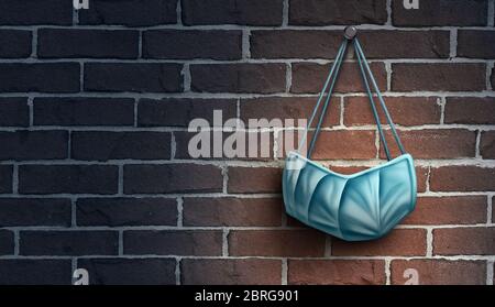 Chirurgische Gesichtsmaske als schützende medizinische Arbeitskleidung als Symbol für die Wiederherstellung der Medizin oder die Wiedereröffnung der Wirtschaft nach Covid-19 oder Coronavirus. Stockfoto