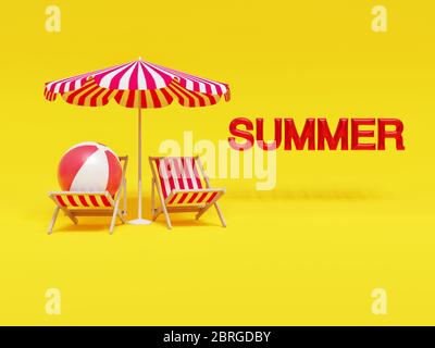 Strandliegen mit Sonnenschirm und einem Strandball in einem gelben lebendigen Hintergrund mit den Sommerbuchstaben an der Seite - 3d-Rendering-Konzept Stockfoto