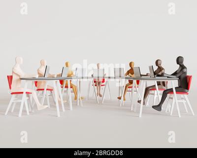 Gruppe von menschlichen Figuren, die Vielfalt mit Menschen, die mit Computern und verschiedenen Farben der Haut - 3d-Rendering-Konzept Stockfoto