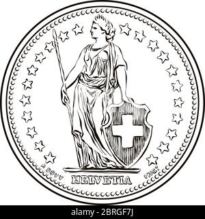 Schwarz-weiße Skizze der Vorderseite von 1 Schweizer Franken, Helvetia stehend dargestellt, die offizielle Münze in der Schweiz und Liechtenstein Stock Vektor