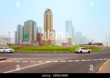 Sharjah Stadtzentrum Skyline in den Vereinigten Arabischen Emiraten oder den VEREINIGTEN ARABISCHEN EMIRATEN Stockfoto