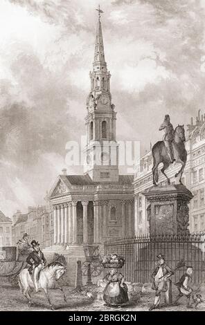 St Martin-in-the-Fields von der Charing Cross, London, England, 19. Jahrhundert. Aus der Geschichte Londons: Illustriert durch Ansichten in London und Westminster, erschienen um 1838. Stockfoto