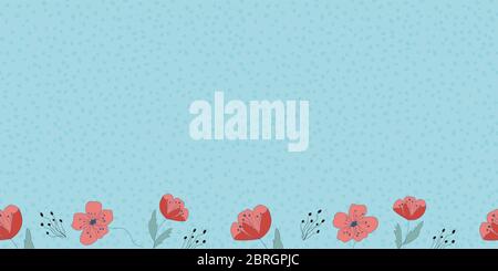 Poppy Blume Rand mit Punkten Nahtlose Wiederholung Vektor Muster mit niedlichen roten Blumen. Oberfläche Muster Design Stock Vektor