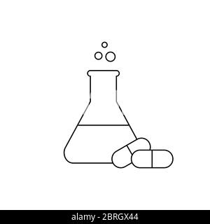 Lab Flask dünne Linie Symbol mit zwei Kapseln Pillen. Pharmazeutisches Konzept. Erlenmeyerkolben. Ausrüstung für die Chemie. Schwarze Umrandung auf Weiß Stock Vektor