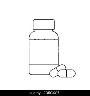 Pille Flasche dünne Linie Symbol mit zwei Kapseln Pillen. Nahrungsergänzungsmittel, Vitamine. Medikamente, Behandlung, Medikamente, Schmerzmittel Konzept. Schwarzer Umriss.Vektor Stock Vektor