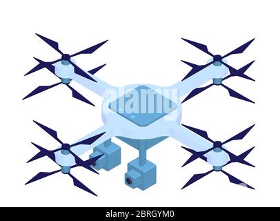 Isometrische blaue Drohne mit Action-Kamera auf weiß isoliert. Digitales Unterhaltungsflugzeug mit Fernbedienung. Vektorgrafik für unbemannte Luftfahrzeuge Stock Vektor