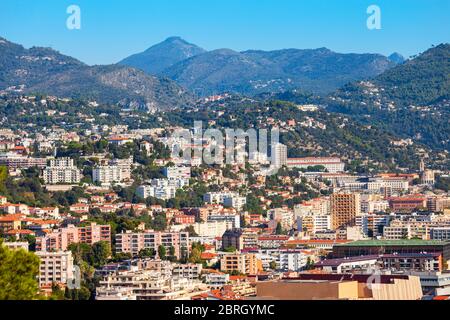 Schöne Antenne Panoramablick. Nizza ist eine Stadt an der Französischen Riviera und an der Cote d'Azur in Frankreich. Stockfoto