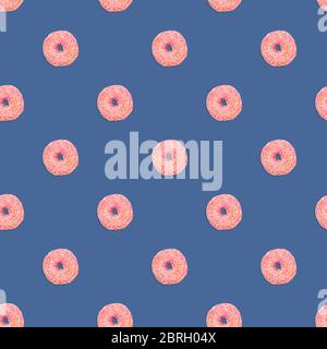 Nahtloses Muster mit pink glasierten Donuts auf klassischem blauem Hintergrund Stockfoto