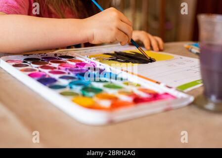 Ein 5-jähriges Mädchen malt mit einer Vielzahl von Aquarellfarben. Stockfoto