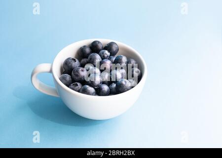 Frische Bio Heidelbeere in einem Becher auf blauer Oberfläche Stockfoto