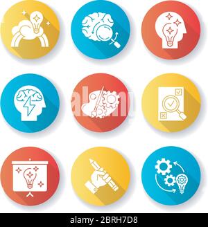 Creative Mind Workflow flaches Design lange Schatten Glyphen Symbole gesetzt Stock Vektor