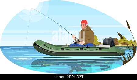 Fischer sitzen in Boot halb flach Vektor-Illustration Stock Vektor