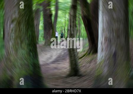 Ein kreisförmiges Unschärffoto von zwei Personen, die auf dem Waldweg spazieren Stockfoto