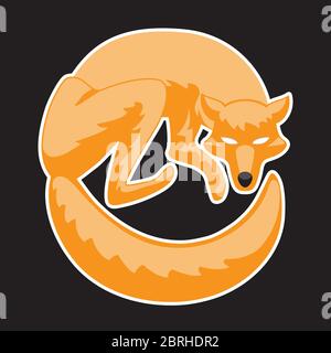 Der Fuchs rollte sich in einer Kugel zusammen, die vor einem isolierten schwarzen Hintergrund stilisiert wurde. Vektorbild Stock Vektor