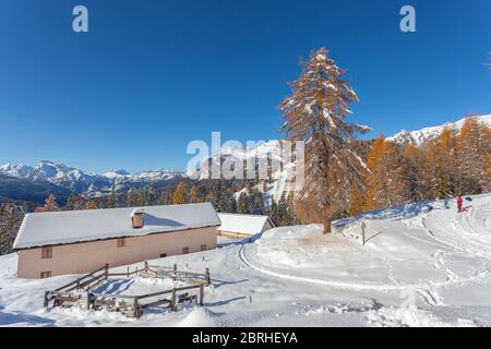 Eineinbigen Wanderer, der in der Nähe einer Hütte, umgeben von einer fantastischen Winterumgebung passiert Stockfoto