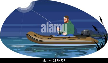 Mann mit Rute im Boot halbflache Vektor-Illustration Stock Vektor