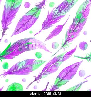 Aquarell Nahtloses Boho-Muster mit Federn. Handgezeichnete Illustration auf weißem Hintergrund. Stockfoto