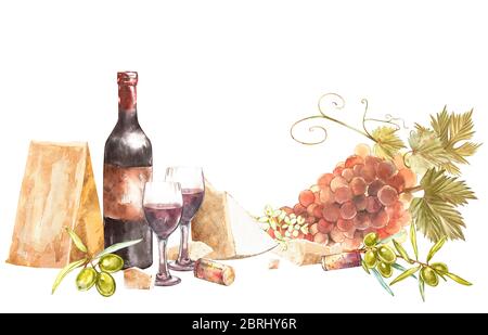 Flaschen und Gläser Wein und Blätter von Trauben, isoliert auf Weiss. Parmesan Käse und Oliven. Hand aquarell Abbildung gezeichnet. Banner von Wein v Stockfoto