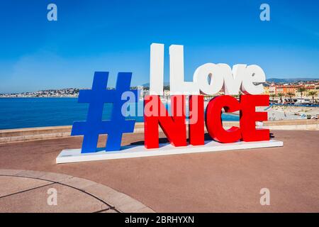 Nizza, Frankreich - September 27, 2018: Ich liebe schöne Zeichen in der schönen Stadt im Süden von Frankreich. Stockfoto