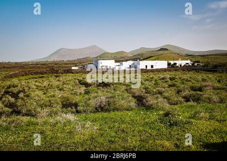 Typisch kanarisches weißes Bauernhaus auf Lanzarote bei Mancha Blanca mit Vulkankrater im Hintergrund an einem sonnigen Winternachmittag. Stockfoto