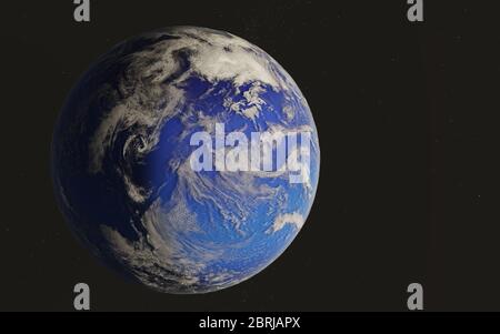 3D-Rendering von fantastischen blauen Wasser Planeten mit weißer Atmosphäre im Weltraum. Elemente dieses Bildes wurden von der NASA bereitgestellt. Stockfoto