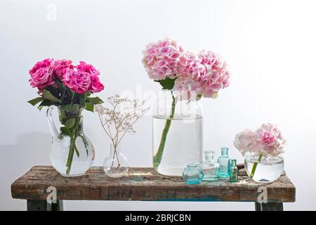Ein Strauß roter Rosen in einem Zinnkübel, bunte pastellfarbene Hortensien in einem Glasgefäß, Gipsophila in einem Fläschchen und ein Satz kleiner Flaschen auf dem Stockfoto