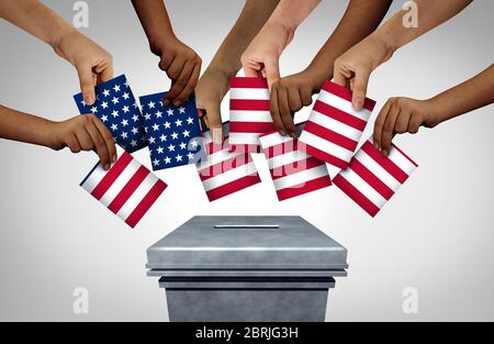 Amerikanische Gemeinschaft Stimme und US-Wahldiversitätskonzept und verschiedene Hände werfen Vereinigten Staaten Stimmzettel in einem Wahllokal als USA demokratisch. Stockfoto