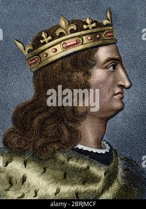 'Portrait du roi de France Louis IX (1215-1270) (Saint Louis)' (Portrait of french King Louis 9) Gravure du 19eme siecle Collection privee Stockfoto