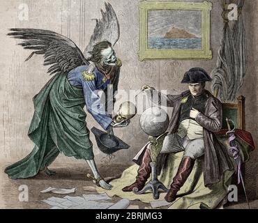 'Allegorie representant l'empereur Napoleon Ier (1769-1821) recevant la visite de la Mort, lui presentant un Crane humain, a la place du Globe terrest Stockfoto