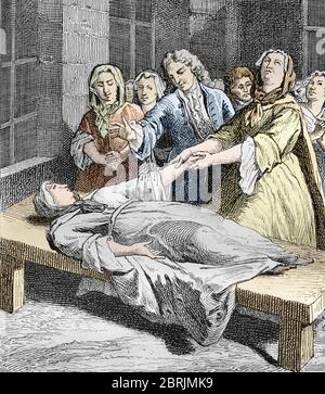 Convulsionnaire janseniste (ou de saint Medard) (oeuvres des convulsions) au 18eme siecle : 'la religieuse Catherine Bigot, en transe mystico-religieu Stockfoto