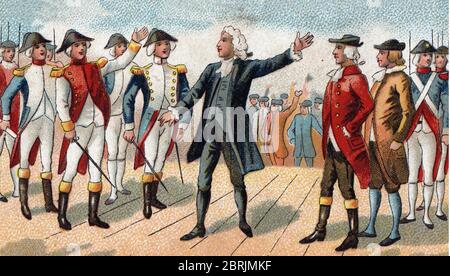 Guerre d'Independence americaine : 'Representation de l'homme politique americain George Washington (1732-1799) annoncant a ses soldats la Declaration Stockfoto