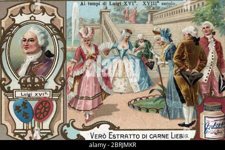 'Ancien Regime, 18eme siecle : Portrait du roi de France Louis XVI (1754-1793)et Mode des courtisans a Versailles vers 1780' (monarchisches Regime an der Stockfoto