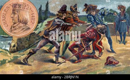 Guerre de Cent ans (Guerre civile entre Armagnacs et Bourguignons) : Assassinat de Jean Ier de Bourgogne, dit Sans Peur (1371-1419), sur le pont de Mo Stockfoto