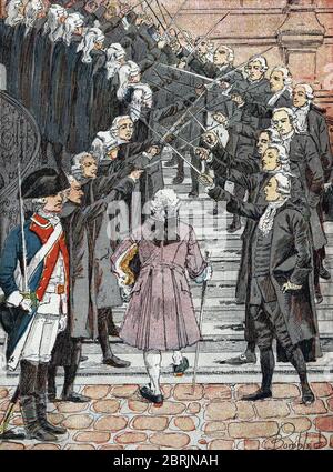 Revolution Francaise : le roi de France Louis XVI accueilli par le Ceremonial de la voute d'acier le 17/07/1789 a l'Hotel de ville de Paris' (Französisch r Stockfoto