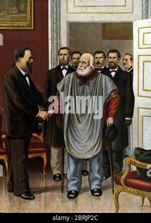 'La derniere rencontre de Giuseppe Garibaldi, patriote italien et du roi d'Italie Victor Emmanuel (Victor-Emmanuel ou Vittorio Emanuele) II ein Rom, es Stockfoto