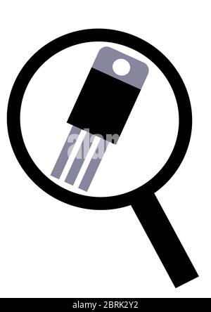 Die elektronische Komponente des Transistors wird durch eine Lupe vergrößert. Stock Vektor