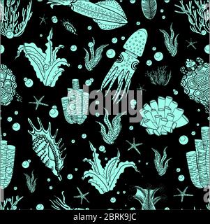KRAKEN, Korallen, Tintenfisch, Schildkröte, farbenfrohe Korallenriffe, Fische und Unterwasserhöhle auf dem blauen Meer. Meer mit wilden Tieren. Natur Panorama Vektor Illustration Stock Vektor