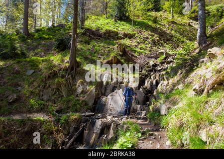 Schönes Panorama mit Senior-Touristen mit Trekking-Reise in polnischen Bergen Beskiden auf dem Weg nach Rysianka durch Romanka und Kotarnica Dur genommen Stockfoto