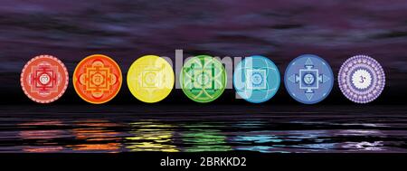 Sieben Chakra-Symbole auf der Horizontlinie - 3D-Rendern Stockfoto