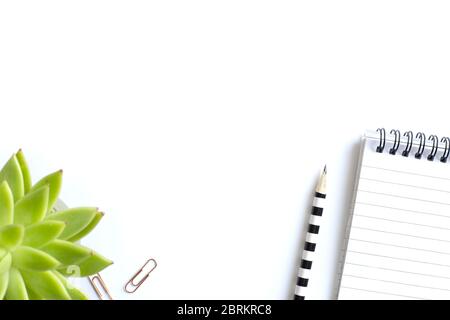 Notizblock mit Spirale, Pensil, Clippers und Hauspflanze in weichem Fokus auf weißem Hintergrund, Schreibwaren flach gelegt. Zurück zur Schule. Weißer Hintergrund. Mock-up Stockfoto
