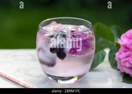 Mit Rosen angereichert mit Gin und Tonic im Garten Stockfoto