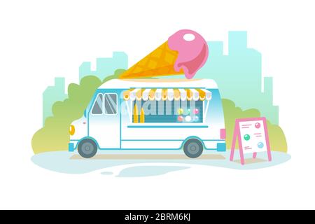 Blauer Eiswagen im Retro-Stil auf Stadtbild. Popsicle mit Rädern Cafe Banner Design. Ice Auto Cartoon Illustration. Isolierte süße Karre in flache Vektor-Landschaft. Banner für den Service für die Lieferung von Eiscreme Stock Vektor