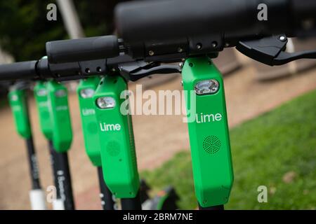 Washington, USA. Mai 2020. Ein allgemeiner Blick auf eine Linie von Lime Dock-less Vermietung Roller in Washington, DC, am 21. Mai 2020 inmitten der Coronavirus-Pandemie. Diese Woche näherte sich die bestätigte US-Todesrate von COVID-19 100,000, während viele Staaten drängen, ihre Volkswirtschaften wieder zu öffnen, obwohl sie die von Gesundheitsexperten empfohlenen Anforderungen für eine sichere Wiedereröffnung nicht erfüllen. (Graeme Sloan/Sipa USA) Credit: SIPA USA/Alamy Live News Stockfoto