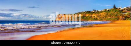 Reinigen Sie den breiten Streifen gelben Sandes um die Landzunge von Mona Vale am Bungan Beach in Sydney, an den nördlichen Stränden bei sanftem Morgenlicht. Breites Panorama. Stockfoto