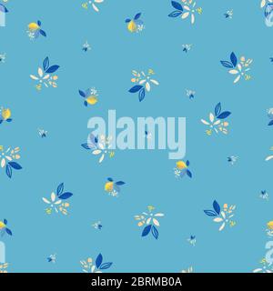 Vektor blau Ditsy floral Sommer Zitrone Muster. Handgezeichnetes texturiertes Zitrusfrucht-Muster mit Blüten und Blättern auf cyanfarbenem Hintergrund. Moderne, leckere Kulisse. Stock Vektor