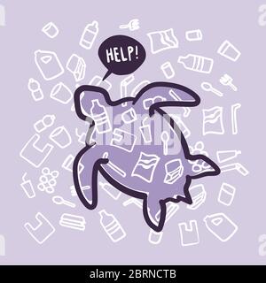 Stoppen Sie die Verschmutzung durch Plastik im Ozean. Schildkröte aus weißem Plastikmüll Beutel, Flasche. Ökologische Kampagne. Stock Vektor