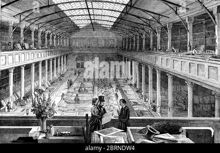 Innenansicht einer lithographischen Druckpresse, Paris, Vintage-Grafik. Magasin Pittoresque 1846. Stockfoto