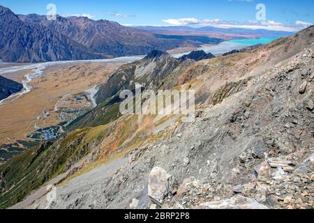 Aoraki/Mt Cook Village und Lake Pukaki Stockfoto