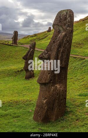 Vertikale Ansicht der stehenden Moai-Statuen im Steinbruch von Rano Raraku, Osterinsel (Rapa Nui), Chile. Stockfoto